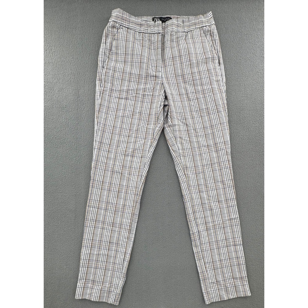 Zara Plaid Trousers XS Blue Brown Check Stretch Slim Fit Pants Academia Preppy